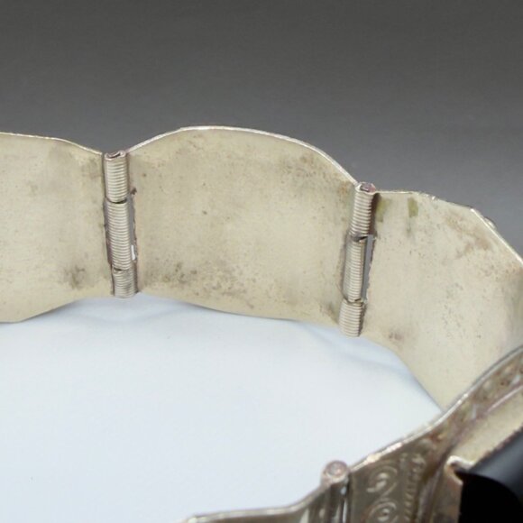 Vintage Estate Sterling Silver Black Onyx Bracelet Mask Tribal Face Panel Taxco - Picture 3 of 13